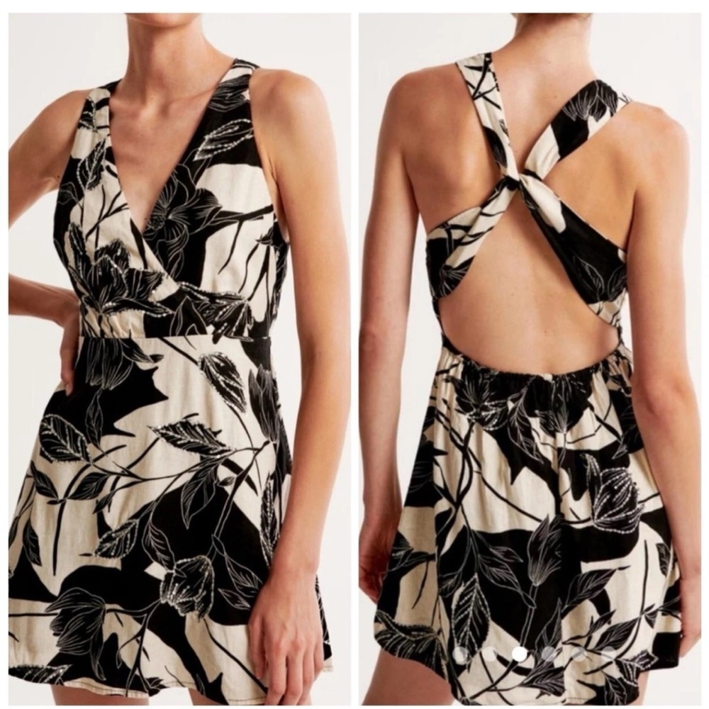 Abercrombie Fitch Halter Dress Open Back Sz XL Ivory Black Floral Sequin Linen